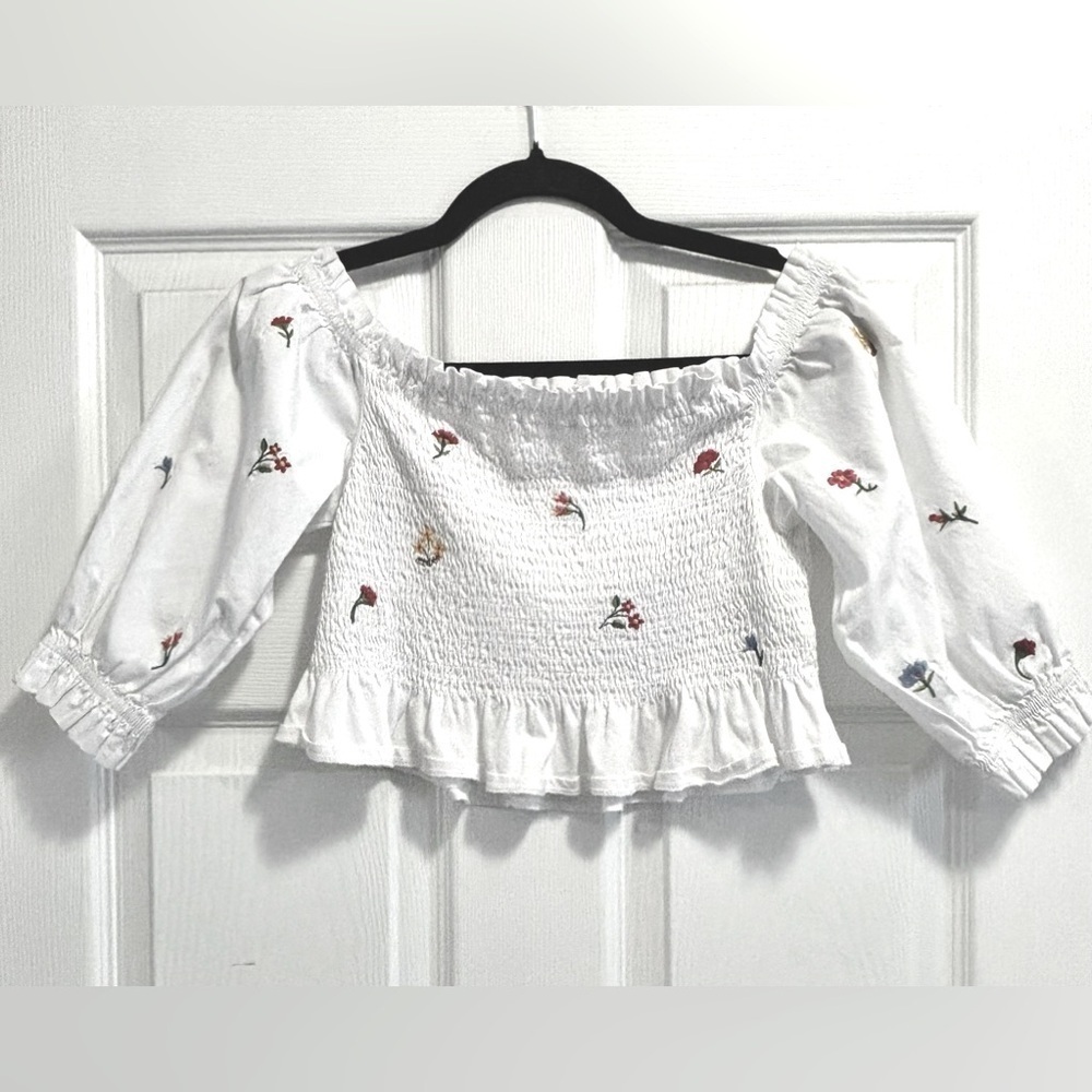 Zara Smocked Off the Shoulder Floral Cropped Top Puff Sleeves White Cotton Small